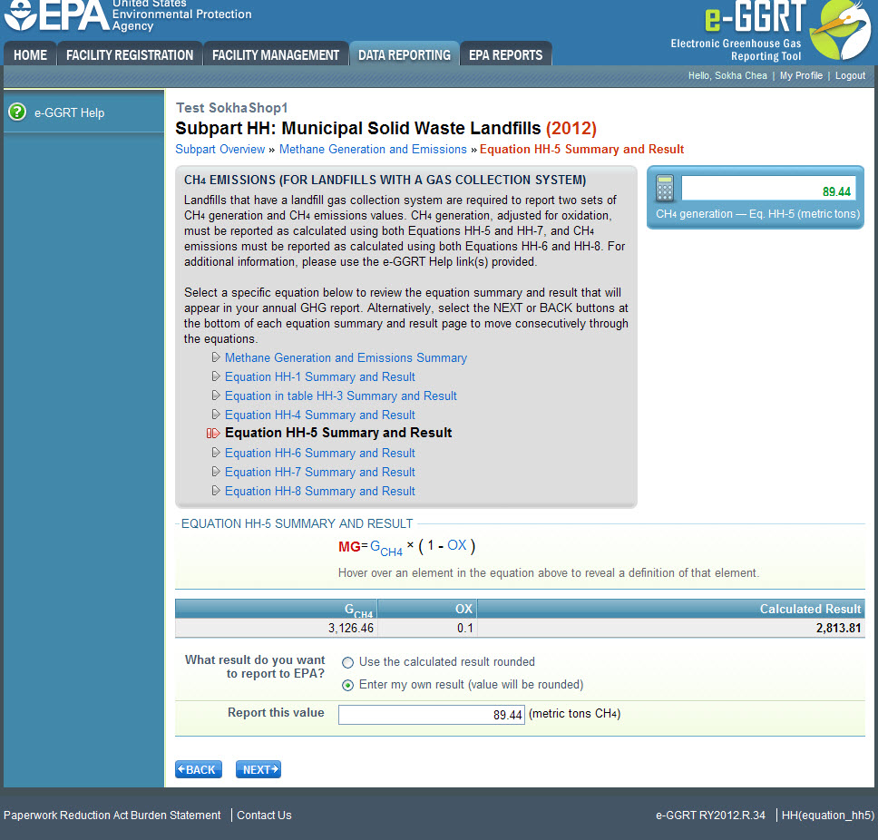 Subpart HH: Equation HH-5 Summary and Result